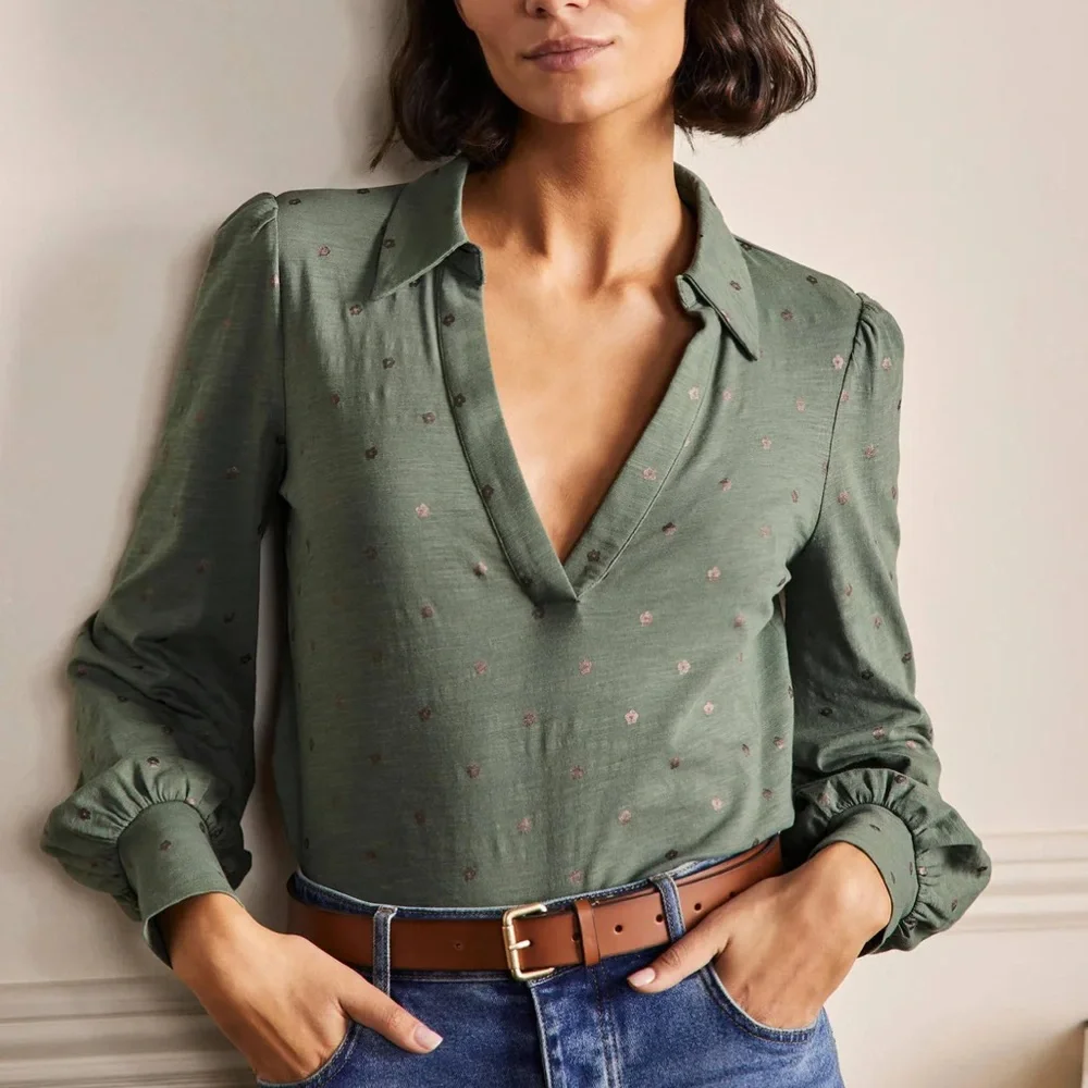 Boden Olive Green V-Neck Long Sleeve Blouse